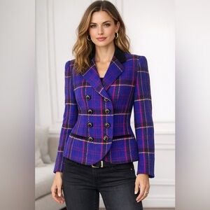 Women's cobalt Blue purple pink black Plaid Double-Breasted tweed blazer 4 USA